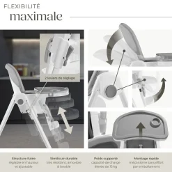 Chaise haute SOPHIA pliable réglable en hauteur avec harnais à 5 points