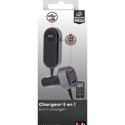 Chargeur allume-cigare 2xUSB et 3xUSB-C 98W noir