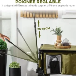 Chariot de jardin pliable 4 roues - bâche amovible, poignée télescopique réglable, 5 pochettes rangement - acier polyester kaki