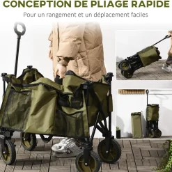 Chariot de jardin pliable 4 roues - bâche amovible, poignée télescopique réglable, 5 pochettes rangement - acier polyester kaki