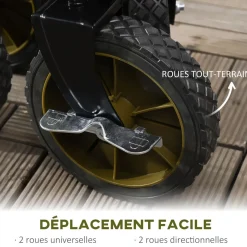 Chariot de jardin pliable 4 roues - bâche amovible, poignée télescopique réglable, 5 pochettes rangement - acier polyester kaki