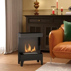 Cheminée bioéthanol sur pied - 0,9L - 38 x 22 x 54 cm - acier inox. noir verre trempé