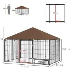 Chenil extérieur couvert pour chien 2 supports gamelles rotatifs porte verouillable acier noir