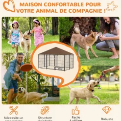 Chenil extérieur couvert pour chien 2 supports gamelles rotatifs porte verouillable acier noir