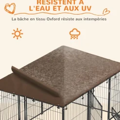 Chenil extérieur couvert pour chien 2 supports gamelles rotatifs porte verouillable acier noir