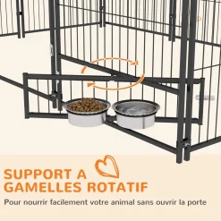 Chenil extérieur couvert pour chien 2 supports gamelles rotatifs porte verouillable acier noir