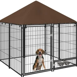 Chenil extérieur pour chiens en métal et tissu oxford avec support gamelle et toit résistant aux intempéries espace spacieux 141L x 141l x 151H cm noir