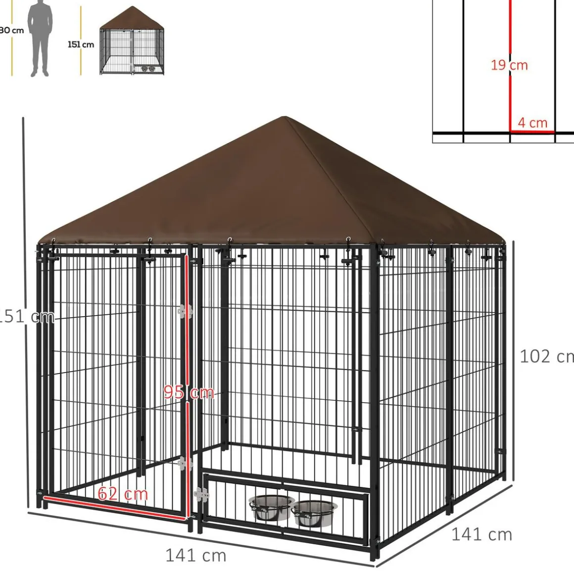 Chenil extérieur pour chiens en métal et tissu oxford avec support gamelle et toit résistant aux intempéries espace spacieux 141L x 141l x 151H cm noir