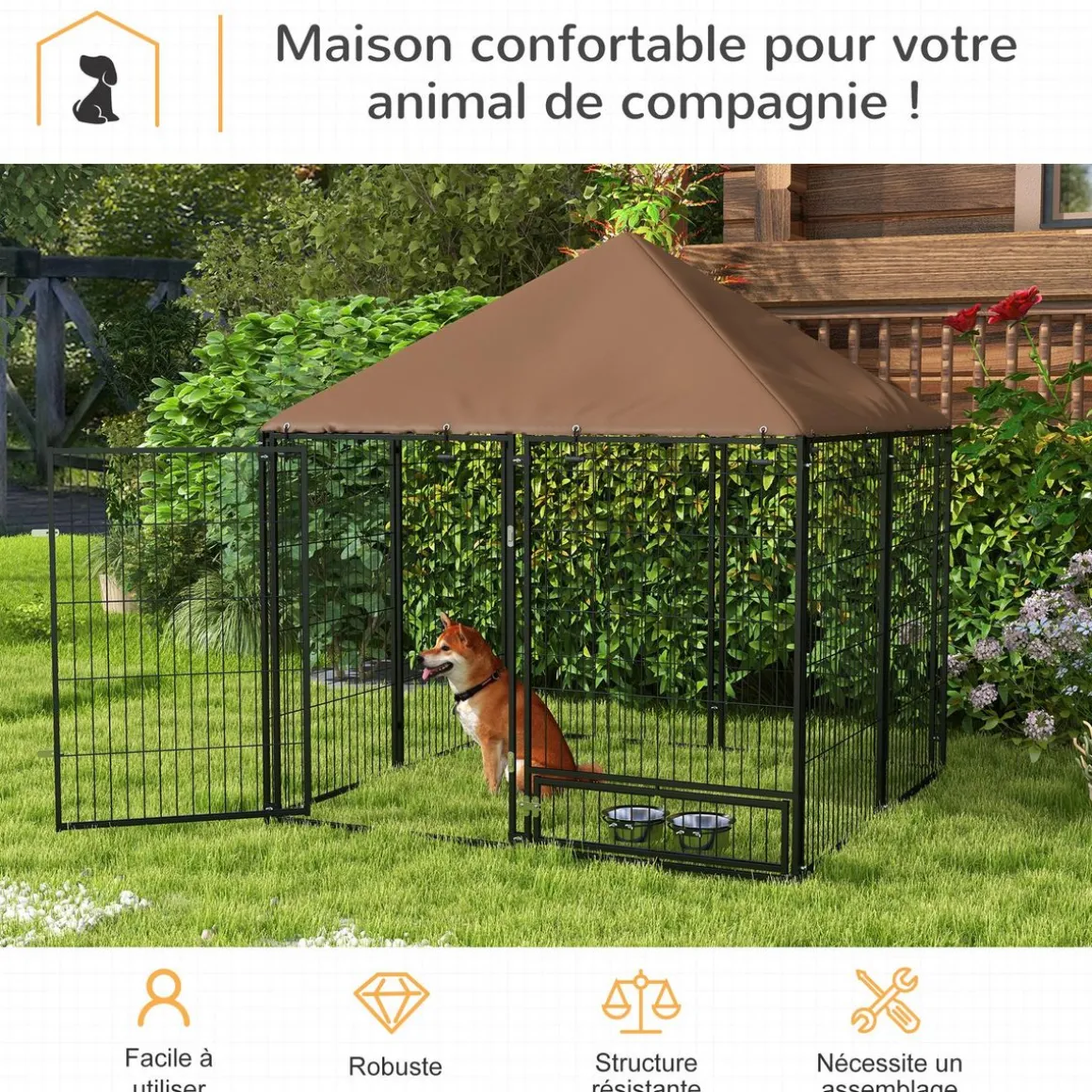 Chenil extérieur pour chiens en métal et tissu oxford avec support gamelle et toit résistant aux intempéries espace spacieux 141L x 141l x 151H cm noir