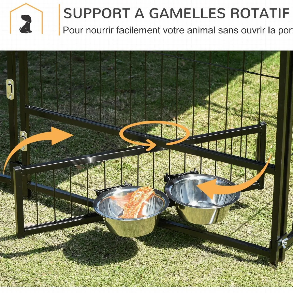 Chenil extérieur pour chiens en métal et tissu oxford avec support gamelle et toit résistant aux intempéries espace spacieux 141L x 141l x 151H cm noir