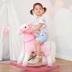 Cheval à bascule cheval de cowboy effet sonore selle rênes rose blanc