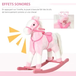 Cheval à bascule cheval de cowboy effet sonore selle rênes rose blanc