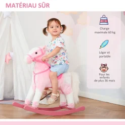 Cheval à bascule cheval de cowboy effet sonore selle rênes rose blanc