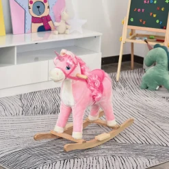 Cheval à bascule modèle licorne avec sons authentiques selle grand confort bois de peuplier rose dim. L74 x l33 x 62H cm