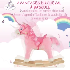 Cheval à bascule modèle licorne avec sons authentiques selle grand confort bois de peuplier rose dim. L74 x l33 x 62H cm