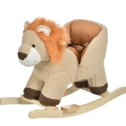 Cheval à bascule modèle lion fonction musicale selle grand confort peluche courte douce bois peuplier marron dim. 68L x 35l x 50H cm