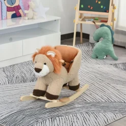 Cheval à bascule modèle lion fonction musicale selle grand confort peluche courte douce bois peuplier marron dim. 68L x 35l x 50H cm