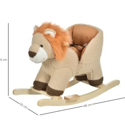 Cheval à bascule modèle lion fonction musicale selle grand confort peluche courte douce bois peuplier marron dim. 68L x 35l x 50H cm
