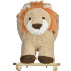 Cheval à bascule modèle lion fonction musicale selle grand confort peluche courte douce bois peuplier marron dim. 68L x 35l x 50H cm