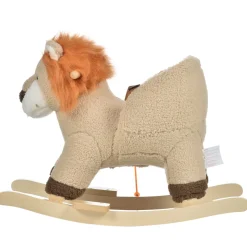 Cheval à bascule modèle lion fonction musicale selle grand confort peluche courte douce bois peuplier marron dim. 68L x 35l x 50H cm