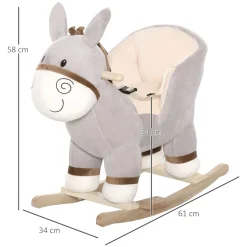 Cheval à bascule modèle âne fonction musicale selle grand confort peluche courte douce bois peuplier gris dim. 61L x 34l x 58H cm