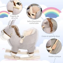 Cheval à bascule modèle âne fonction musicale selle grand confort peluche courte douce bois peuplier gris dim. 61L x 34l x 58H cm