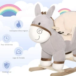 Cheval à bascule modèle âne fonction musicale selle grand confort peluche courte douce bois peuplier gris dim. 61L x 34l x 58H cm