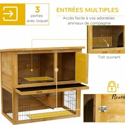Clapier à lapin cage à lapin 2 étages 3 portes verrouillables bois pré-huilé