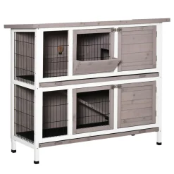 Clapier à lapin cage à lapin 2 étages trappe de séparation amovible 4 portes verrouillables 2 plateaux coulissants rampe toit ouvrant bois de sapin gris blanc