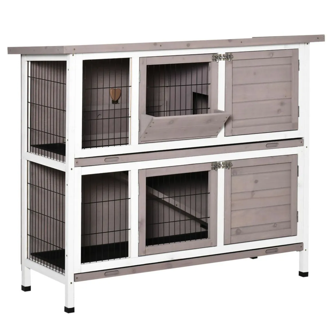 Clapier à lapin cage à lapin 2 étages trappe de séparation amovible 4 portes verrouillables 2 plateaux coulissants rampe toit ouvrant bois de sapin gris blanc