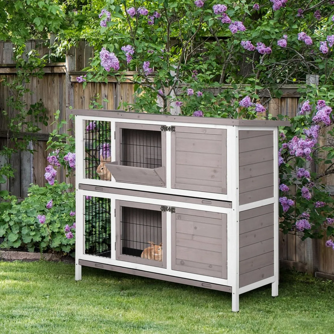 Clapier à lapin cage à lapin 2 étages trappe de séparation amovible 4 portes verrouillables 2 plateaux coulissants rampe toit ouvrant bois de sapin gris blanc