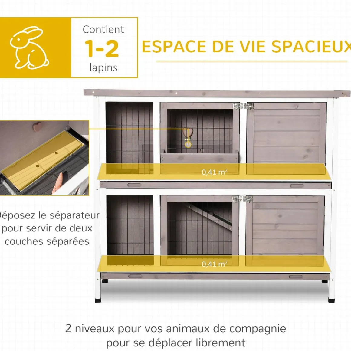 Clapier à lapin cage à lapin 2 étages trappe de séparation amovible 4 portes verrouillables 2 plateaux coulissants rampe toit ouvrant bois de sapin gris blanc