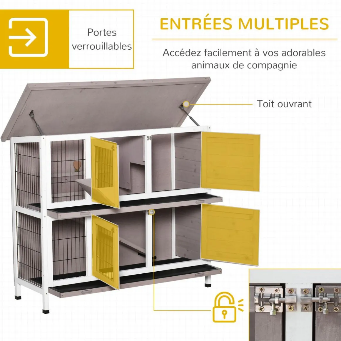 Clapier à lapin cage à lapin 2 étages trappe de séparation amovible 4 portes verrouillables 2 plateaux coulissants rampe toit ouvrant bois de sapin gris blanc