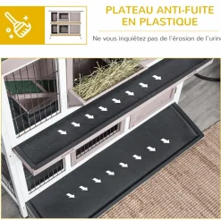 Clapier à lapin cage à lapin 2 étages trappe de séparation amovible 4 portes verrouillables 2 plateaux coulissants rampe toit ouvrant bois de sapin gris blanc