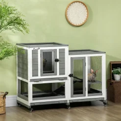 Clapier à lapin sur roulettes cage à lapin 3 niveaux 2 portes verrouillables 3 plateaux coulissants rampes bois sapin acier gris blanc