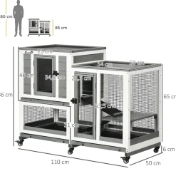 Clapier à lapin sur roulettes cage à lapin 3 niveaux 2 portes verrouillables 3 plateaux coulissants rampes bois sapin acier gris blanc