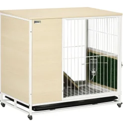 Clapier à lapin sur roulettes cage à lapin 2 niveaux toit ouvrant porte plateau déjection coulissant rampe niche acier blanc aspect bois clair