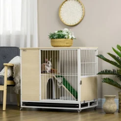 Clapier à lapin sur roulettes cage à lapin 2 niveaux toit ouvrant porte plateau déjection coulissant rampe niche acier blanc aspect bois clair