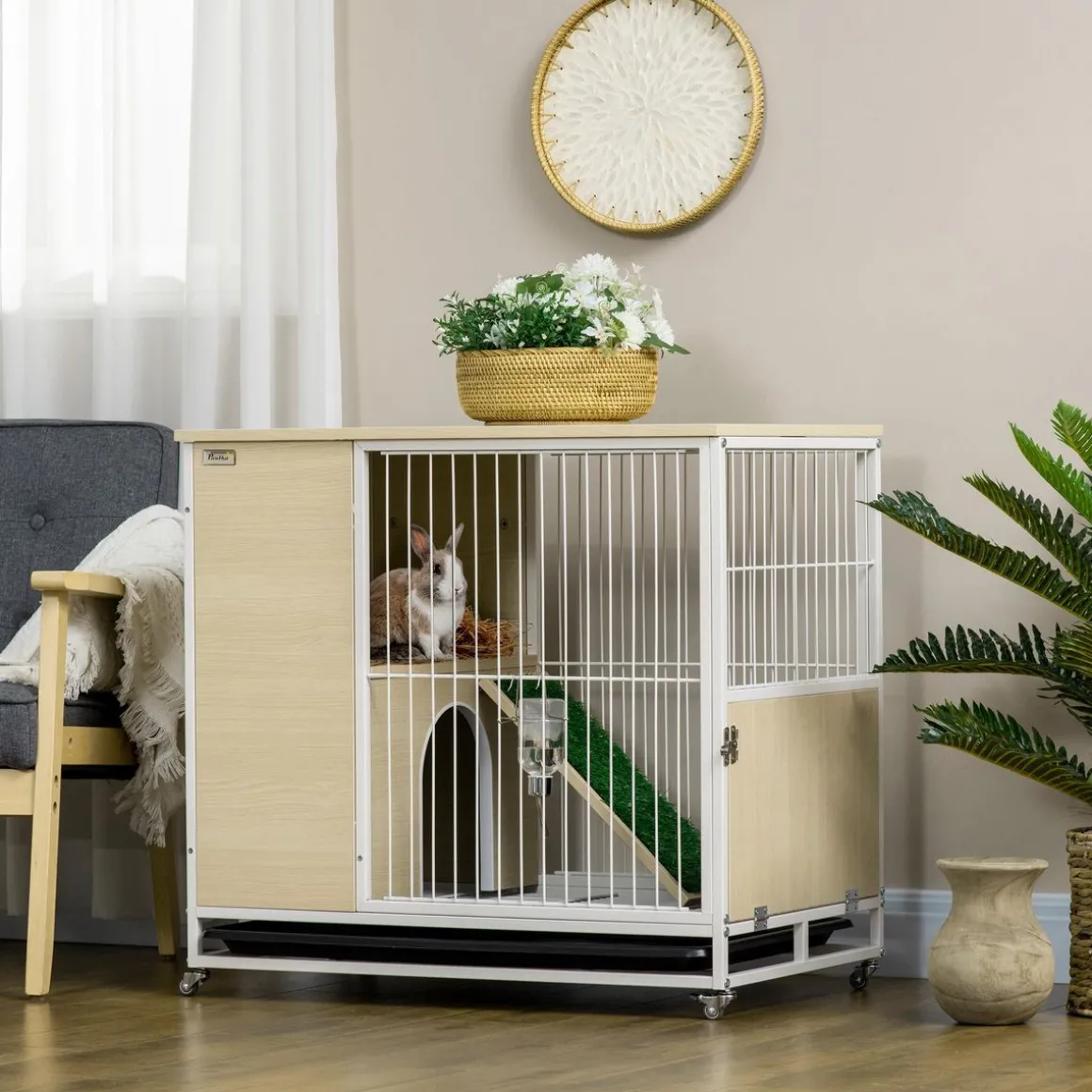 Clapier à lapin sur roulettes cage à lapin 2 niveaux toit ouvrant porte plateau déjection coulissant rampe niche acier blanc aspect bois clair