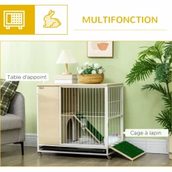 Clapier à lapin sur roulettes cage à lapin 2 niveaux toit ouvrant porte plateau déjection coulissant rampe niche acier blanc aspect bois clair