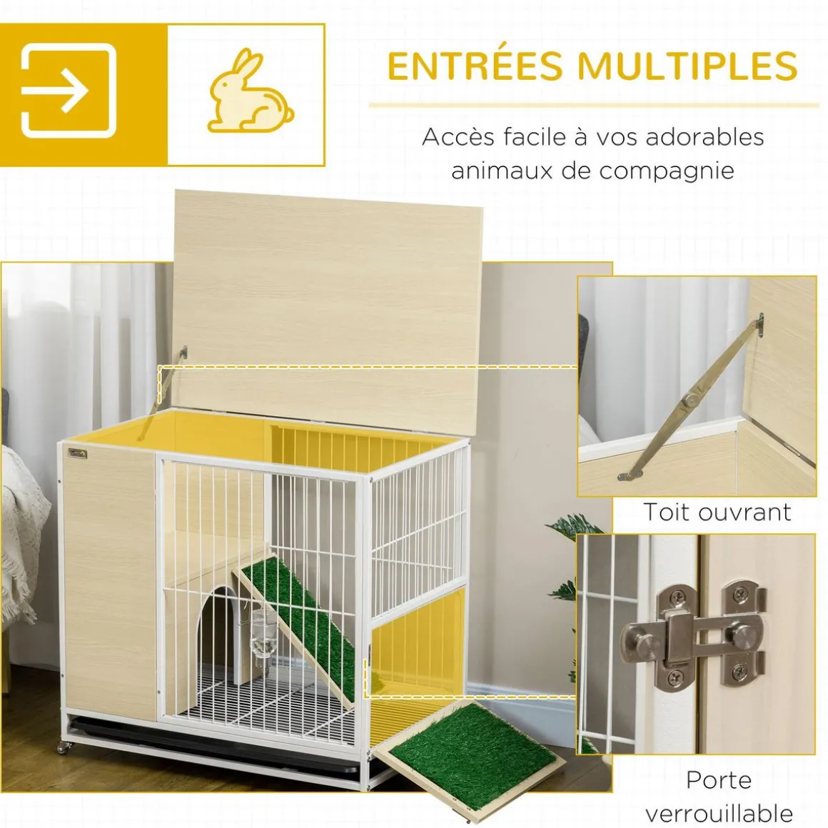 Clapier à lapin sur roulettes cage à lapin 2 niveaux toit ouvrant porte plateau déjection coulissant rampe niche acier blanc aspect bois clair