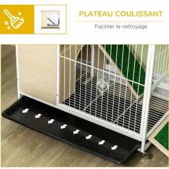 Clapier à lapin sur roulettes cage à lapin 2 niveaux toit ouvrant porte plateau déjection coulissant rampe niche acier blanc aspect bois clair