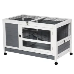 Clapier à lapin sur roulettes cage à lapin 2 niv. 2 portes verrouillables toit ouvrant plateau coulissant rampe bois gris blanc