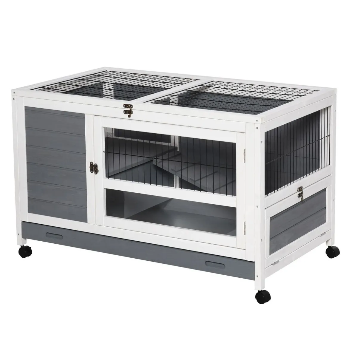 Clapier à lapin sur roulettes cage à lapin 2 niv. 2 portes verrouillables toit ouvrant plateau coulissant rampe bois gris blanc