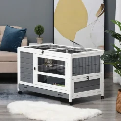 Clapier à lapin sur roulettes cage à lapin 2 niv. 2 portes verrouillables toit ouvrant plateau coulissant rampe bois gris blanc