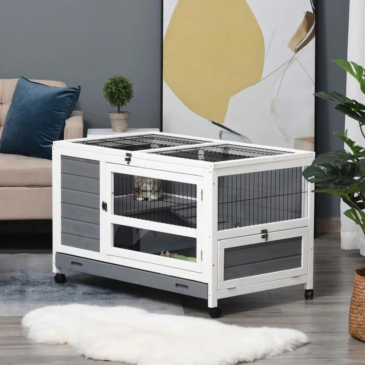 Clapier à lapin sur roulettes cage à lapin 2 niv. 2 portes verrouillables toit ouvrant plateau coulissant rampe bois gris blanc