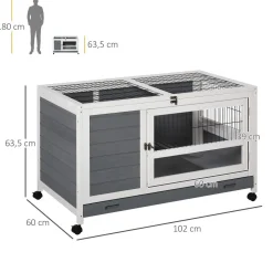 Clapier à lapin sur roulettes cage à lapin 2 niv. 2 portes verrouillables toit ouvrant plateau coulissant rampe bois gris blanc