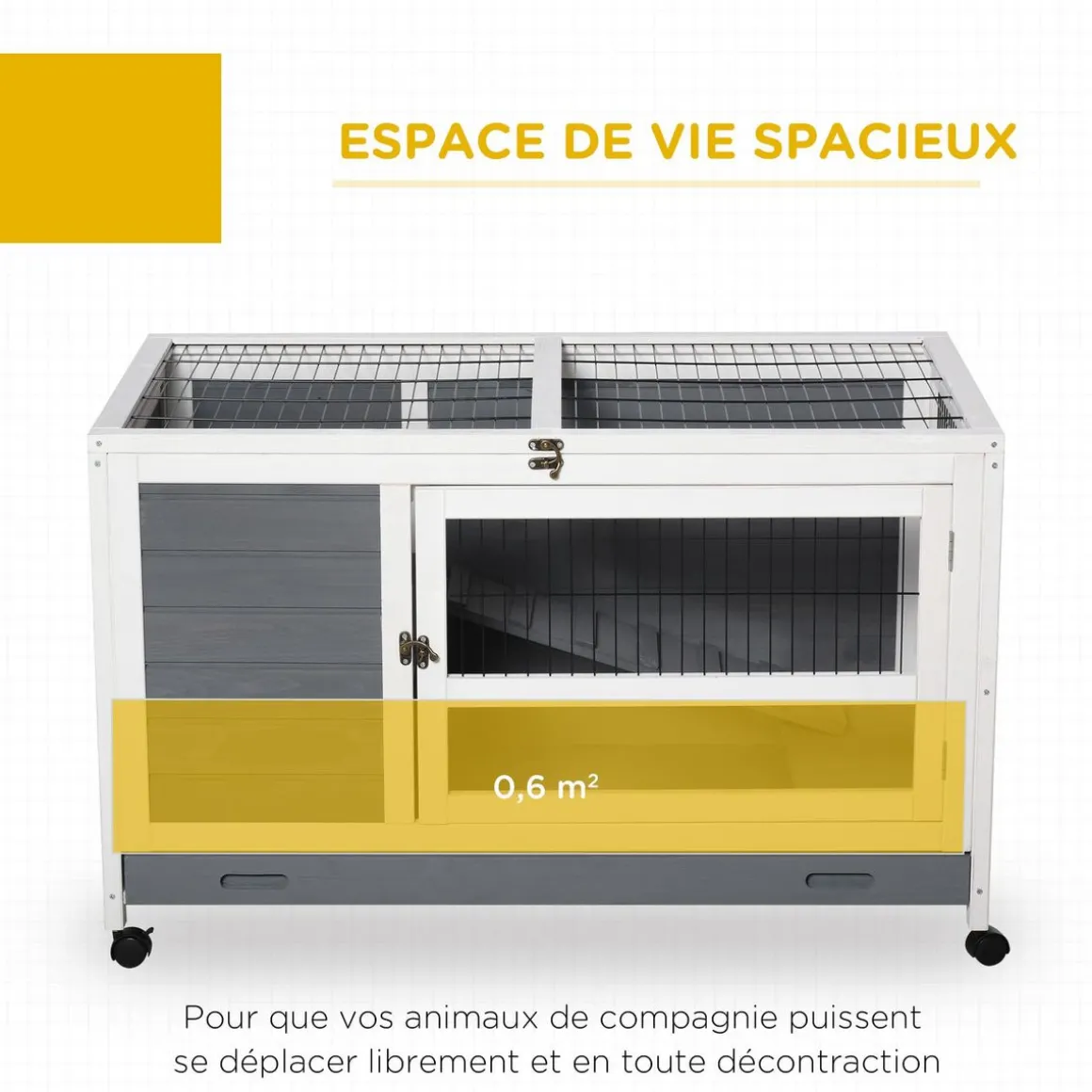 Clapier à lapin sur roulettes cage à lapin 2 niv. 2 portes verrouillables toit ouvrant plateau coulissant rampe bois gris blanc