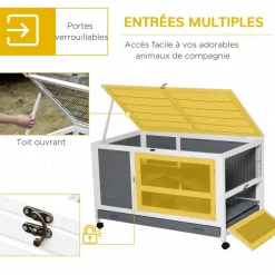 Clapier à lapin sur roulettes cage à lapin 2 niv. 2 portes verrouillables toit ouvrant plateau coulissant rampe bois gris blanc