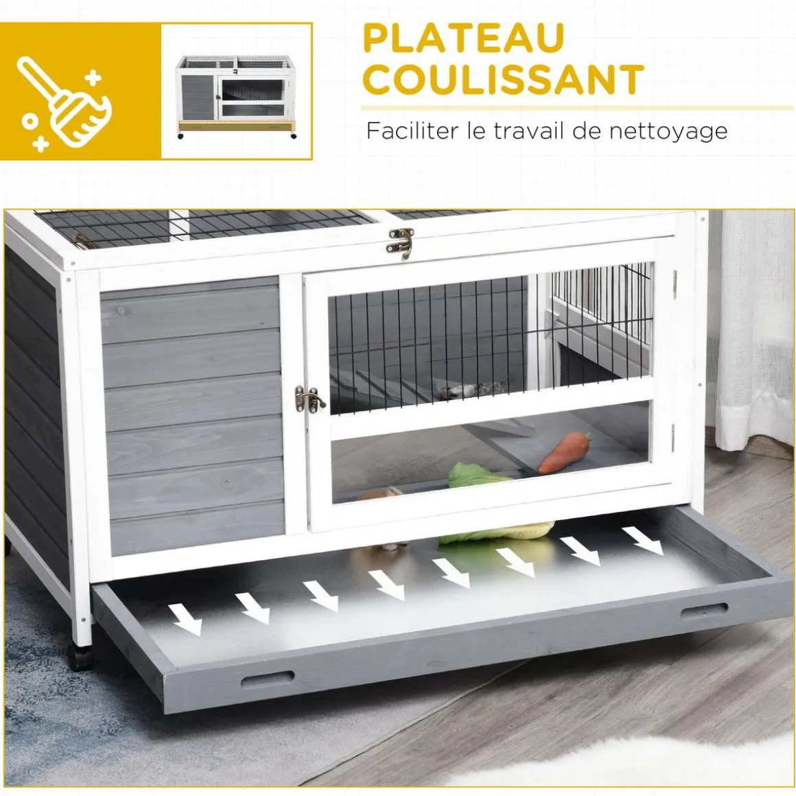 Clapier à lapin sur roulettes cage à lapin 2 niv. 2 portes verrouillables toit ouvrant plateau coulissant rampe bois gris blanc
